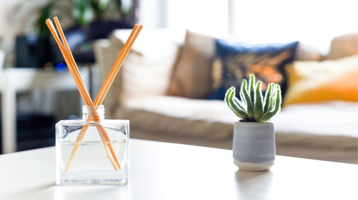 reed diffuser on a coffee table