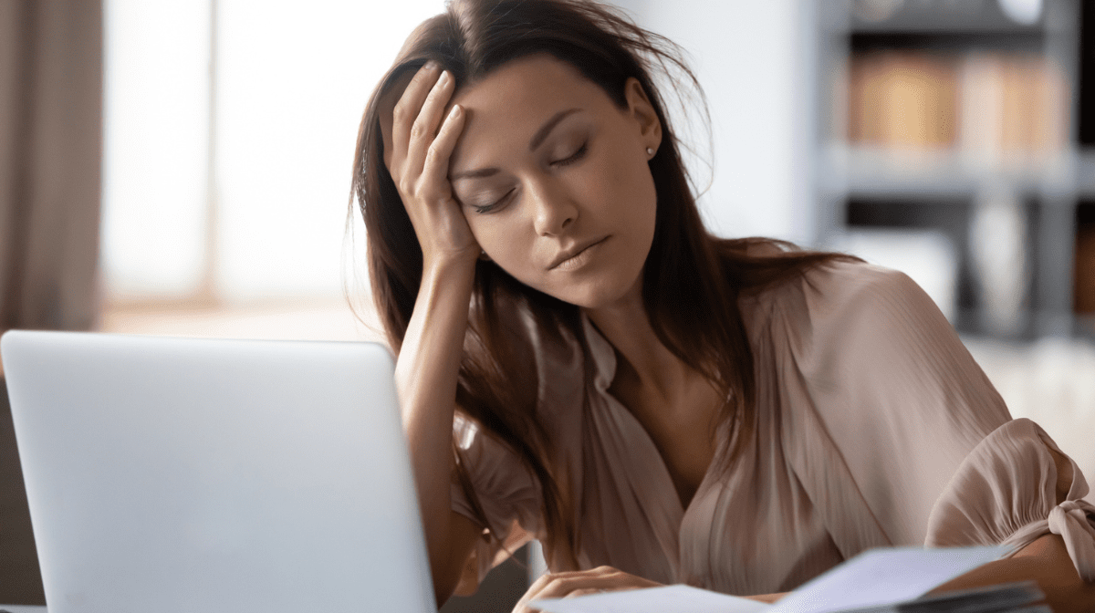 Tired Young Woman Fall Asleep Working At Laptop