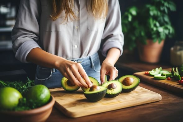 Woman in a kitchen preparing an avocado to eat in order to support her vitamin E levels.