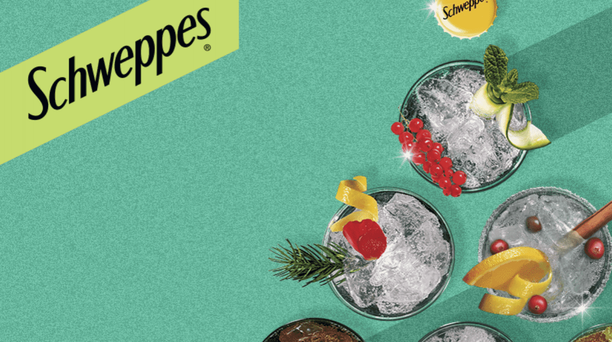 Schweppes logo with 3 festive drinks