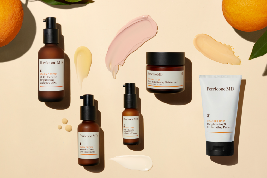 Perricone MD Vitamin C Ester skincare collection with serums, moisturizer, and exfoliating polish