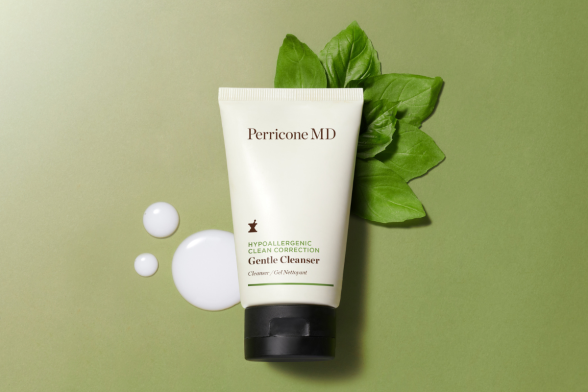Gentle Cleanser by Perricone MD on green background with basil and cream texture