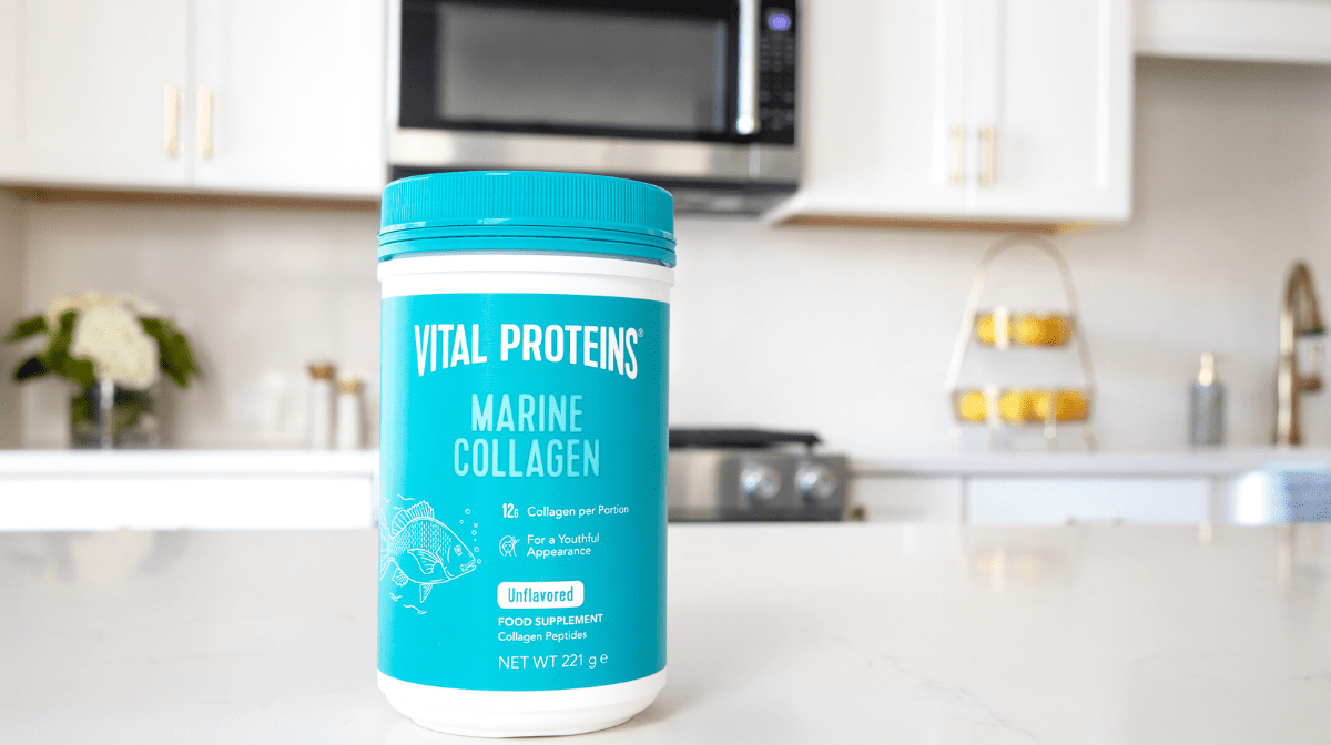 Vital Proteins Marine Collagen standing on the kitchen table 