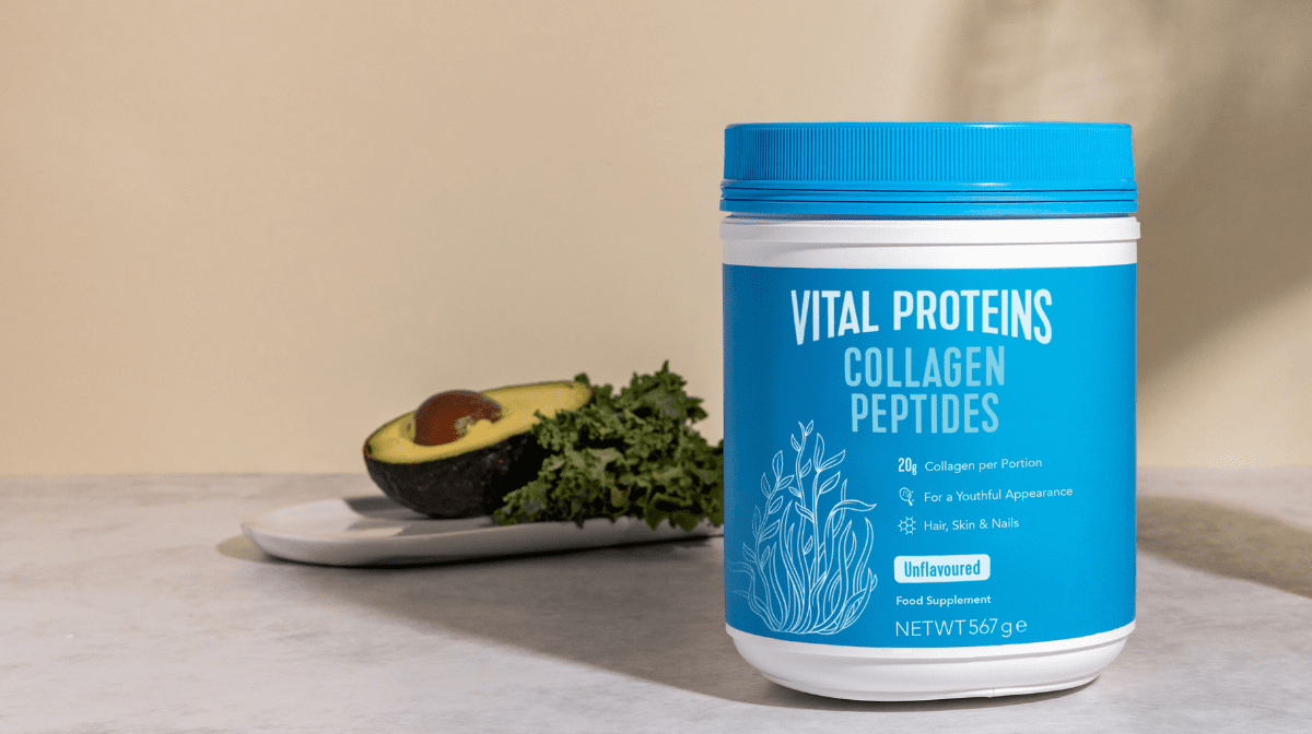 tub of vital proteins collagen peptide powder on the side of a kitchen counter