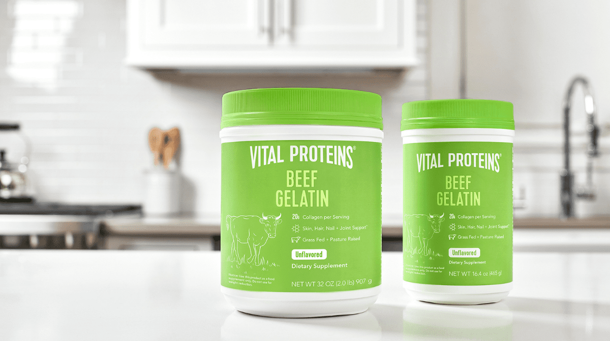 Vital Proteins Beef Collagen tins standing on the kitchen table