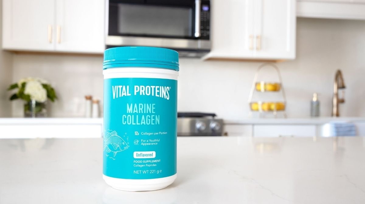 Vital Proteins Marine Collagen Tin standing on the kitchen table