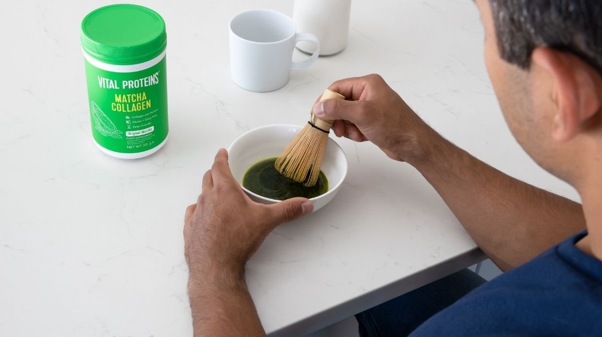 man mixing Vital Proteins Matcha Collagen Powder