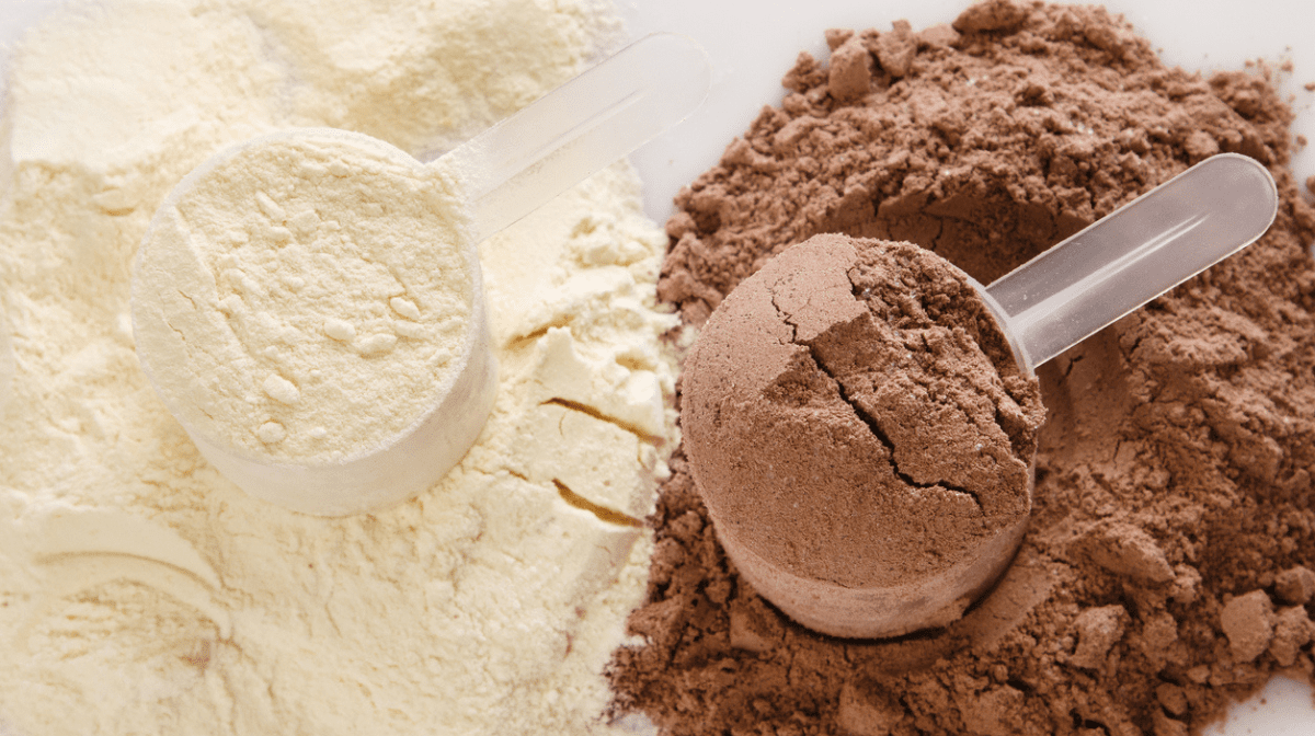Close up of two scoops of vanilla and chocolate collagen peptide powder.