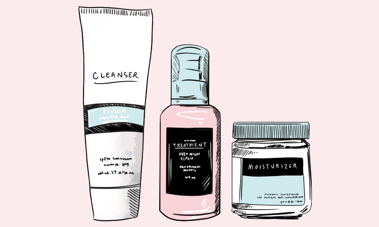 Cleanser serum and moisturizer illustration on a pink background-2 | Dermstore Blog