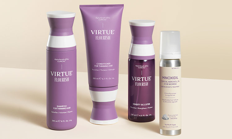 VIRTUE Flourish products in purple bottles