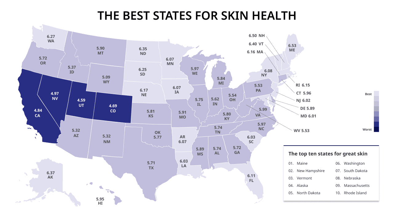 Map showing the best to worst states for skin health