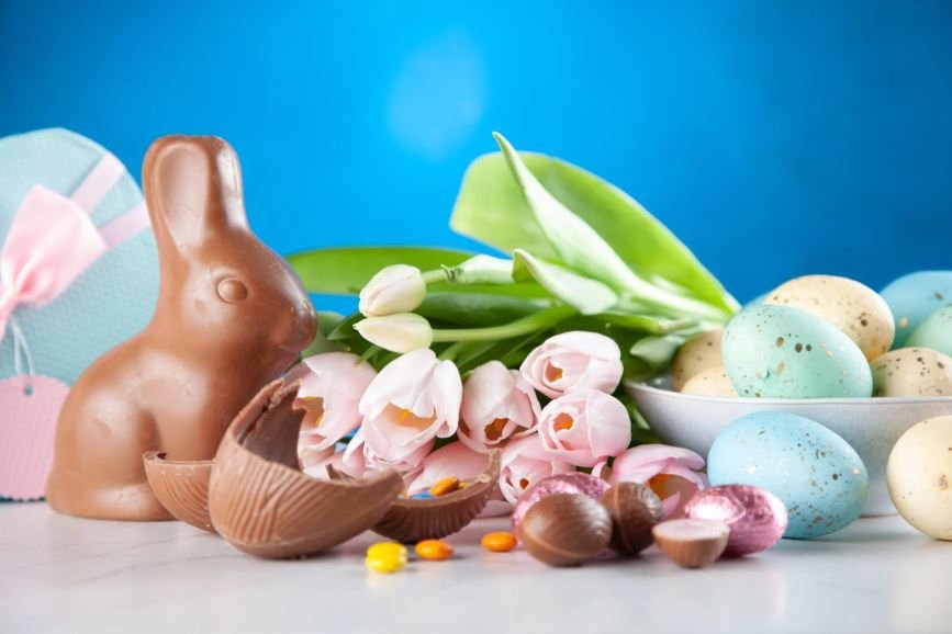Chocolate bunny with chocolate eggs and tulips
