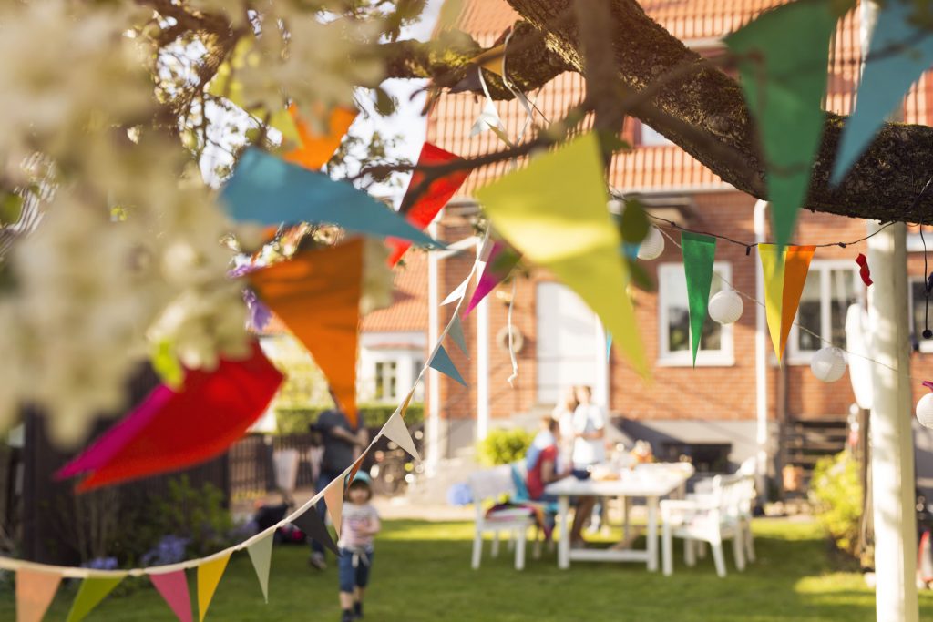 Celebrations and colourful bunting in garden