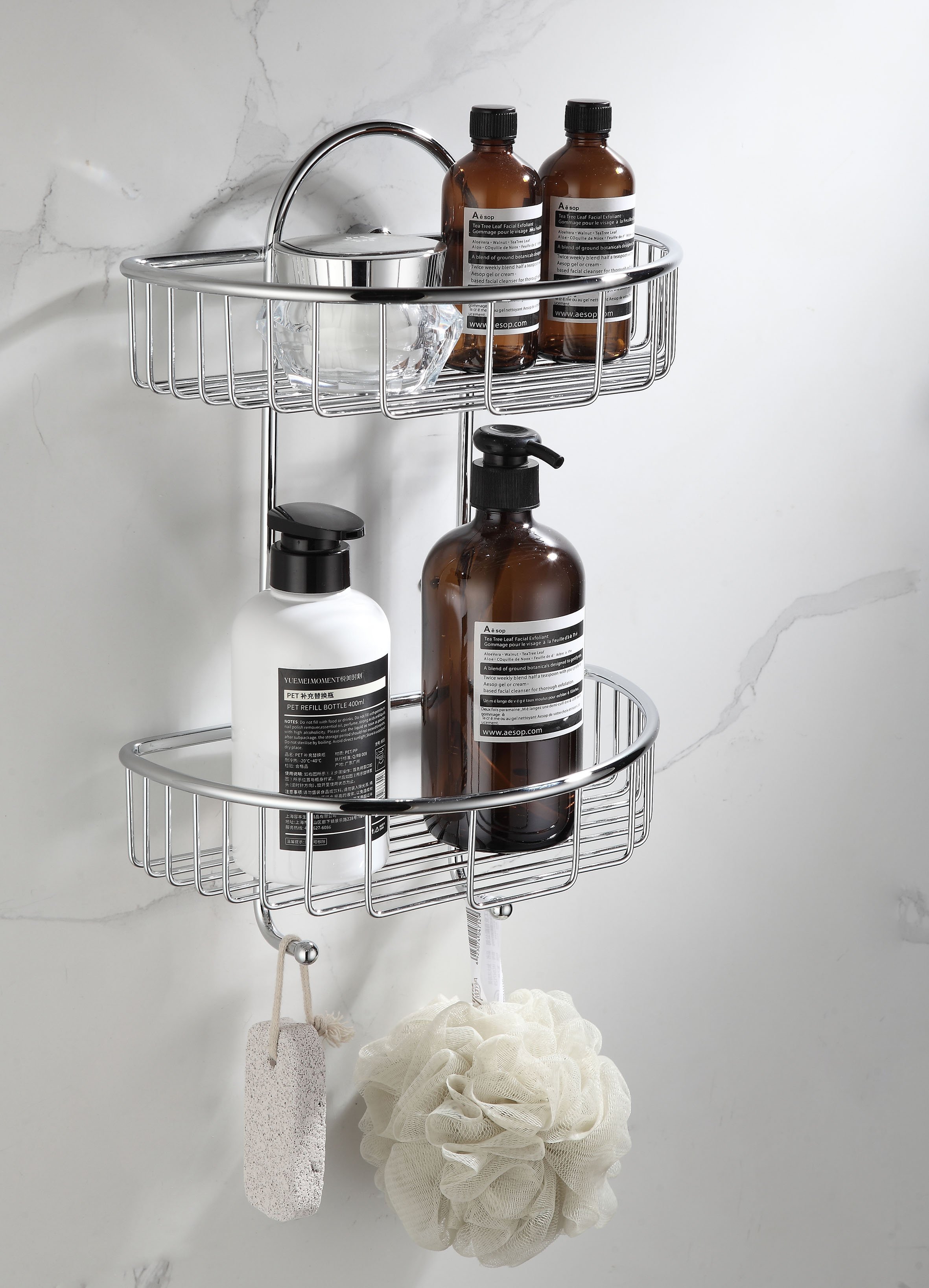 an image of a wire baskets with products in a shower