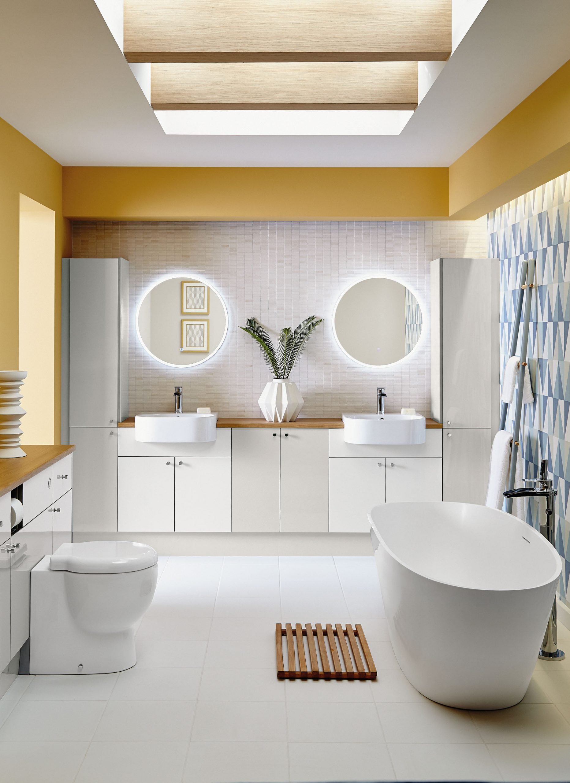 an image of a yellow bathroom with LED lights