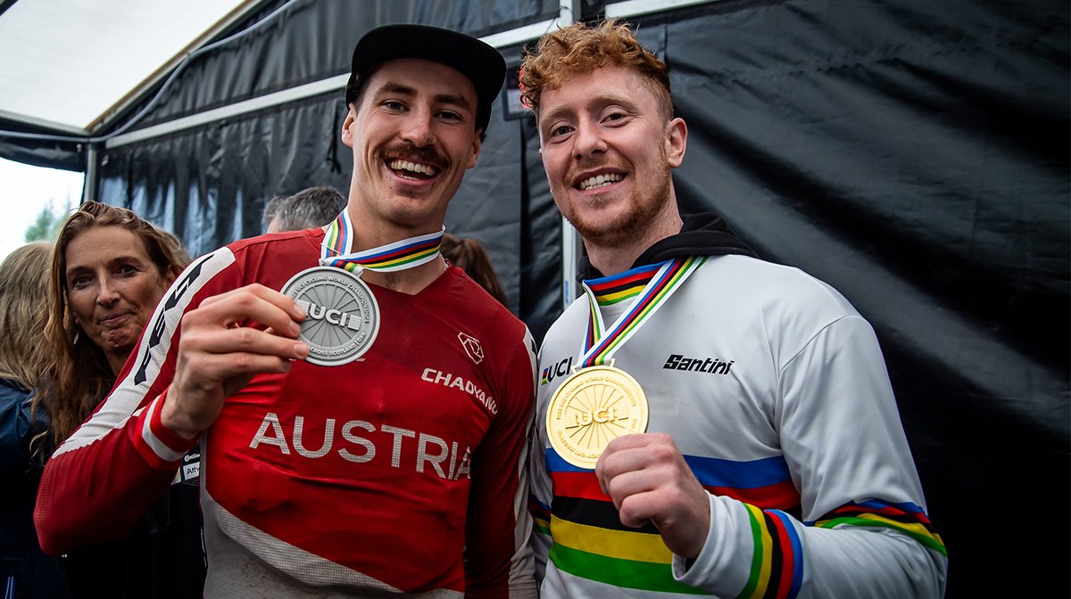 Charlie Hatton and Andreas Kolb pose with their World Championships medals