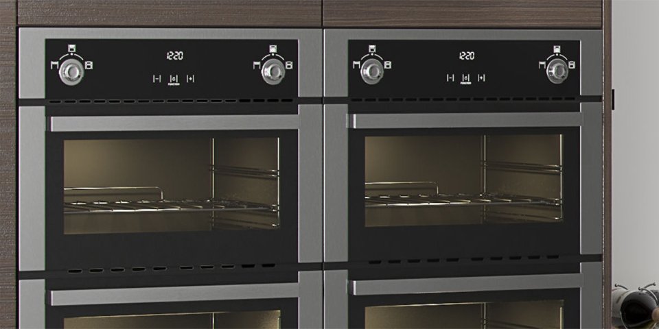 A picture of two double ovens side-by-side
