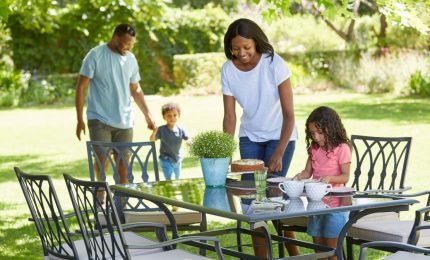 family enjoying their outdoor garden entertaining area