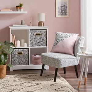 Patterned chair, pillow and storage boxes