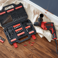 an image of a drill and an open DIY tool accessories kit box 