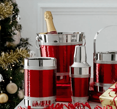 an image of a red Christmas drinking set including an ice bucket and cocktail shaker 