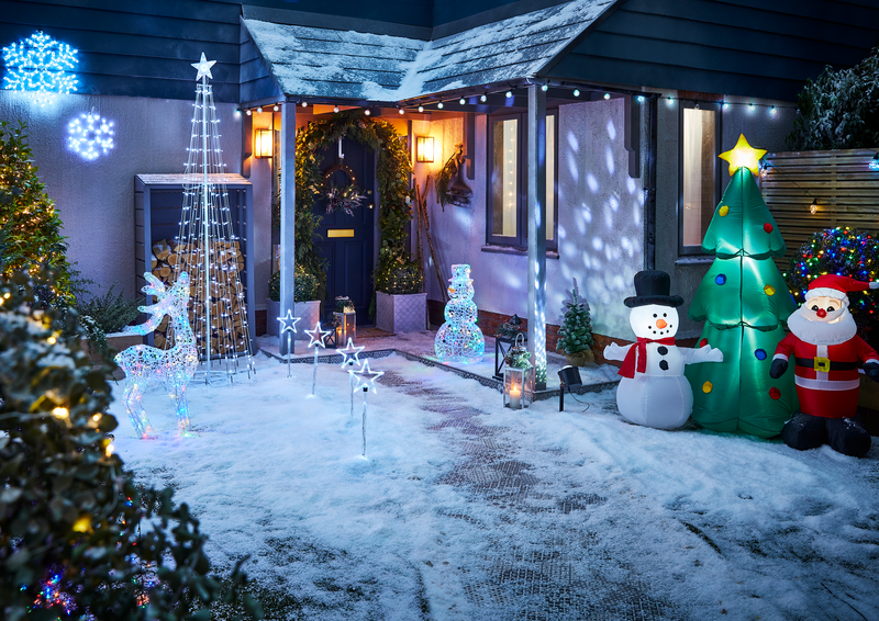 an image of a variety of outdoor Christmas lights including inflatable lights, projector lights and string lights