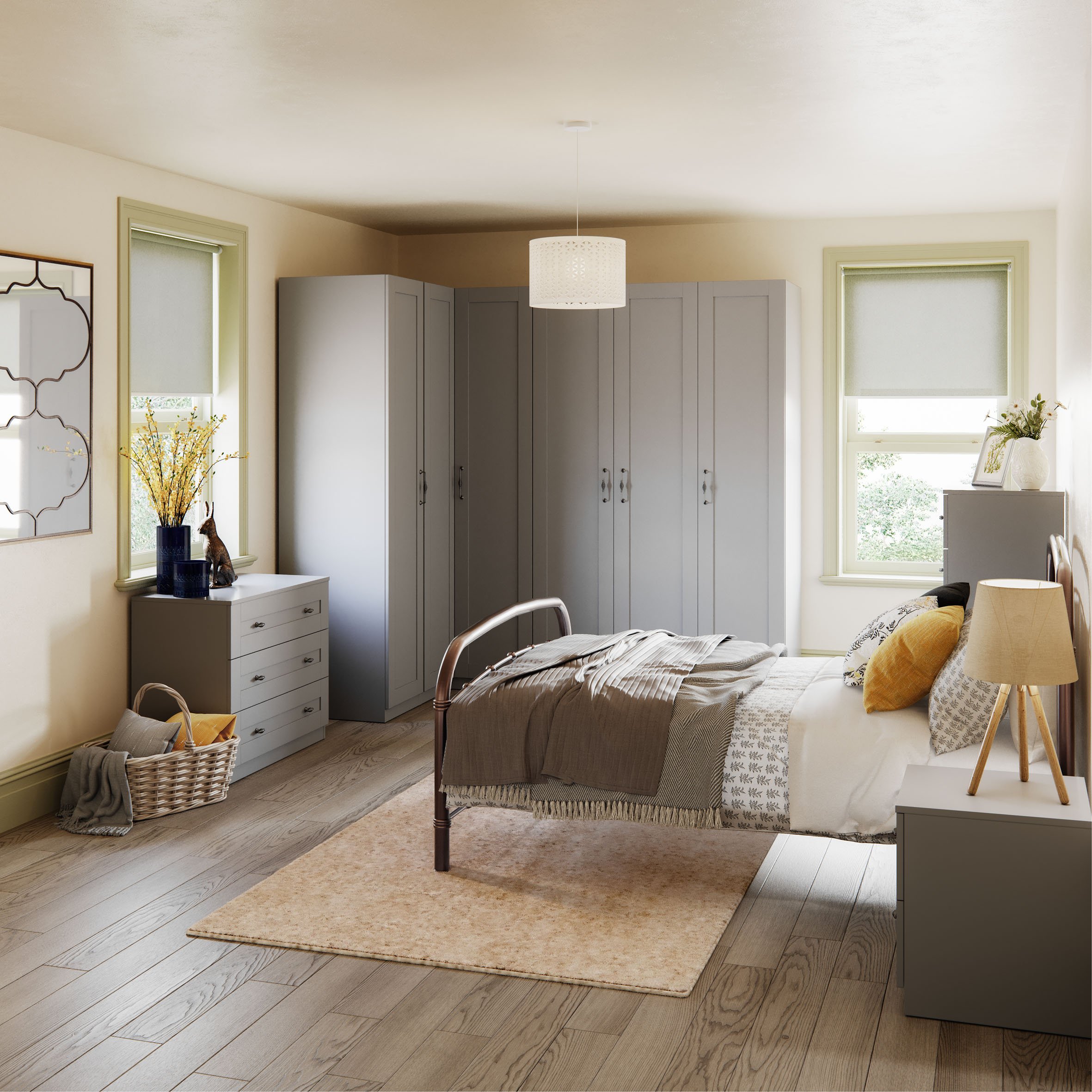 an image of a cream and grey bedroom