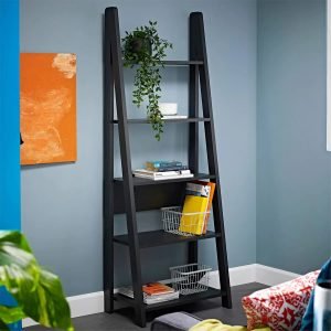 an image of ladder storage in a blue grey bedroom 