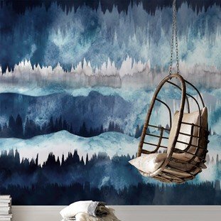 an image of midnight blue mural wallpaper and a hanging chair
