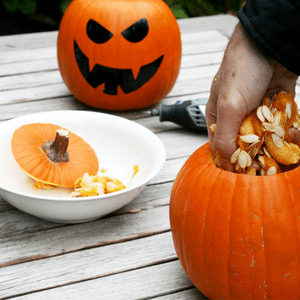 an image of pumpkin filling being removed 