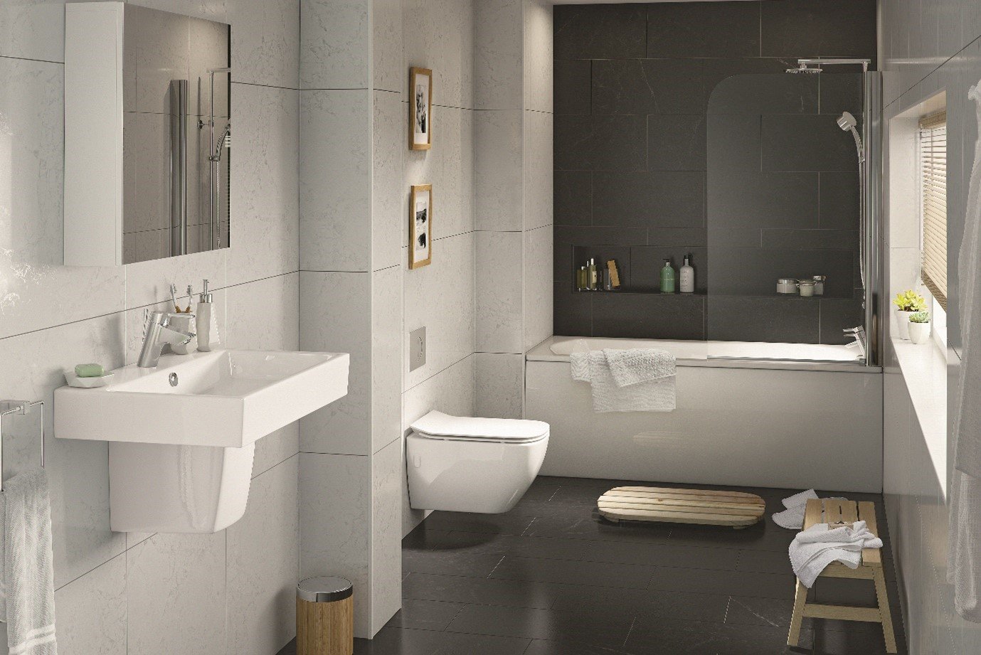 image of a dark grey and white small bathroom