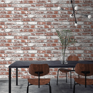 an image of artificial red brick wallpaper and a long table with small wooden chairs 