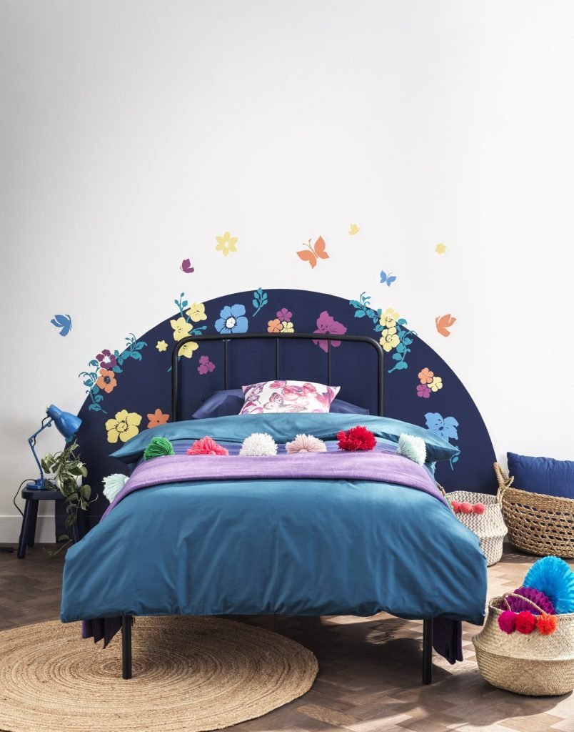 a child's bedroom with a blue wall mural painted behind the bed