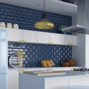 an image of a blue tiled kitchen