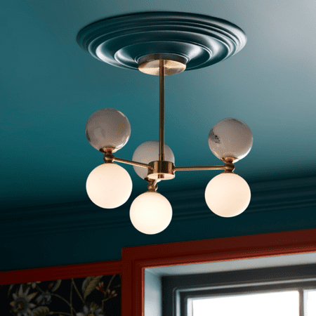 Decorative light shade with six glass balls hanging from a blue painted ceiling.