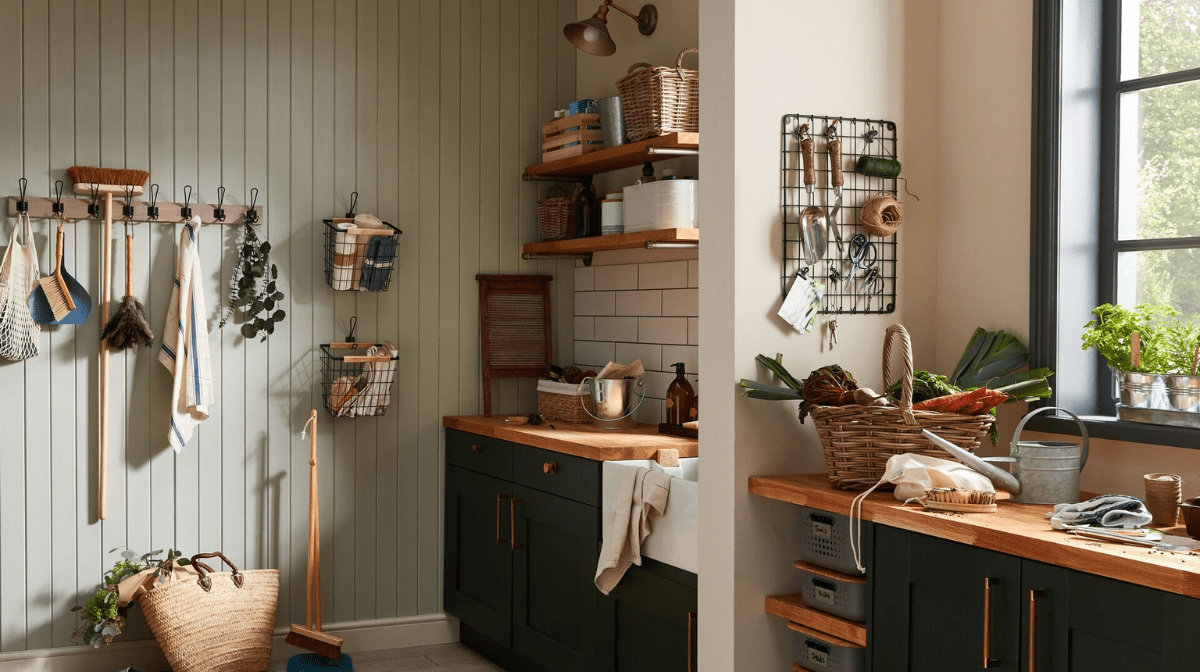 Photograph of a utility room with dark green cabinets, oak wood countertops, a panelled sage green wall and tiled backsplash. A jute rug sits on the floor and mounted hooks and floating shelves line the walls.