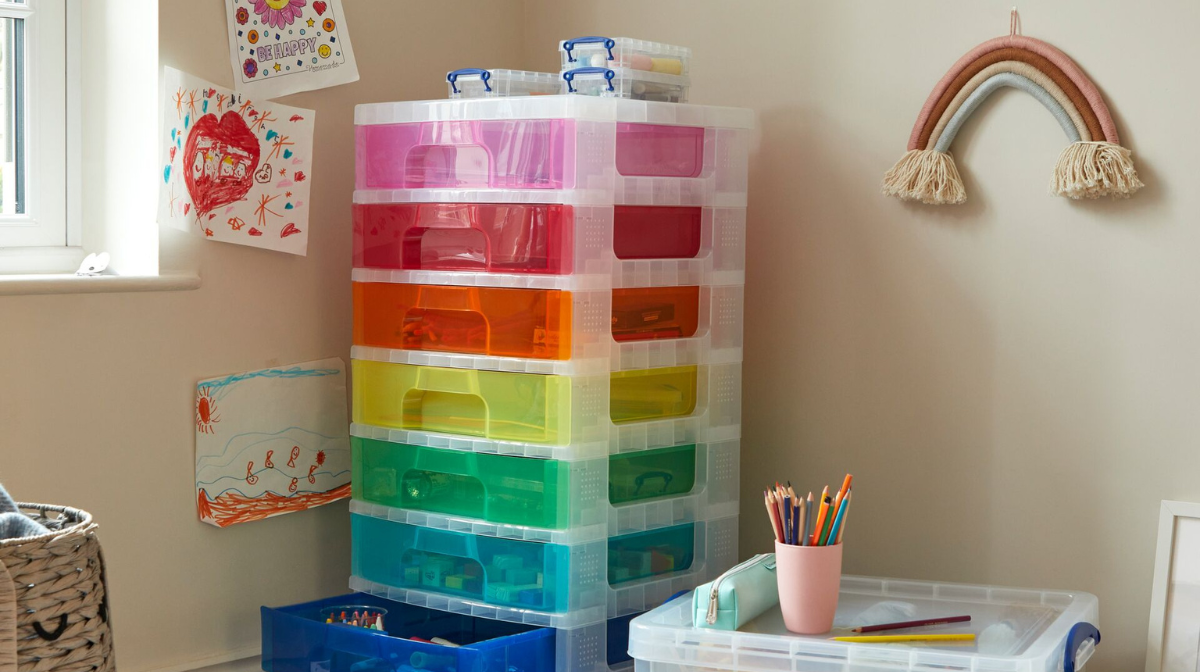 Photograph of rainbow storage tower in a child's playroom