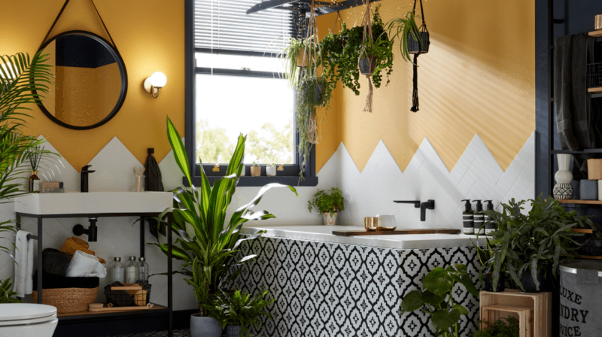 Bathroom tiles, yellow wall, modern deco