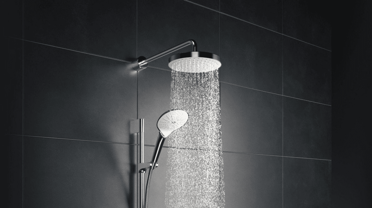 Image of a silver showerhead in a grey background