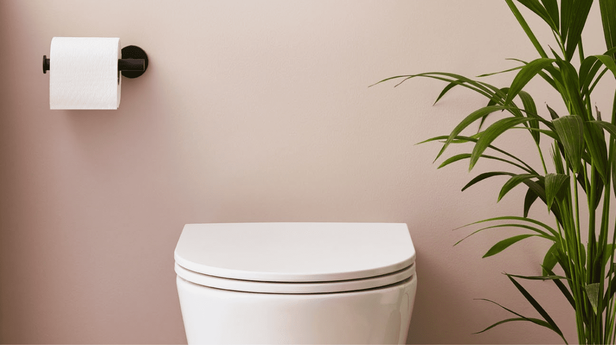 Image of a white toilet and black toilet roll holder against a pink wall