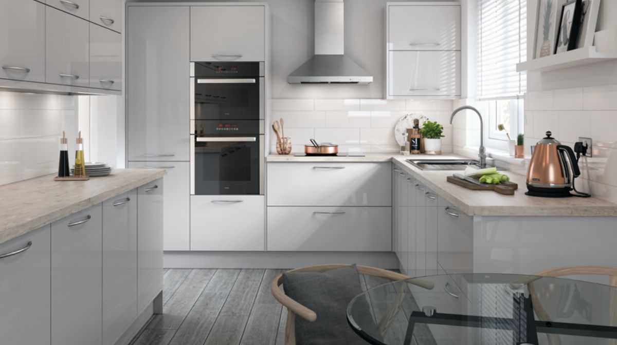 white gloss kitchen with Homebase appliances