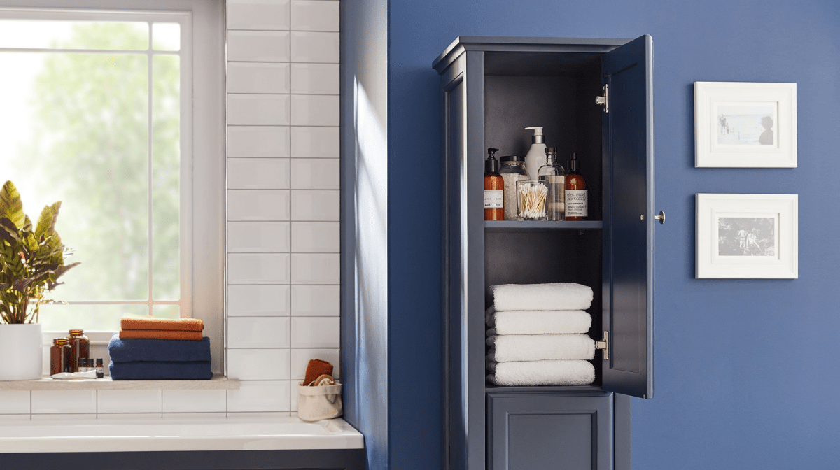 Blue storage cabinet showcasing a good storage solution