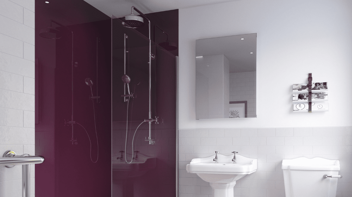 Small bathroom with statement, purple shower tiles