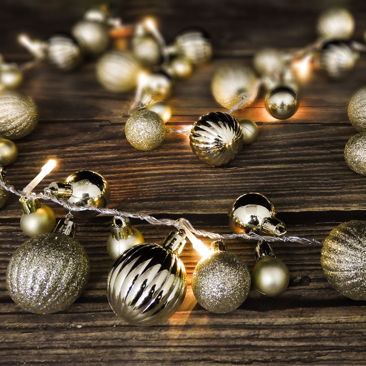 Photograph of string of fairy lights and baubles 