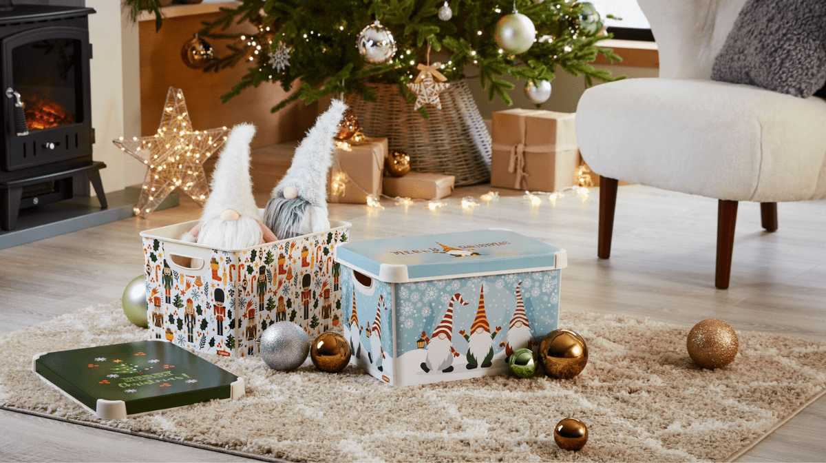 Photograph of Christmas decorations stored in Christmas boxes