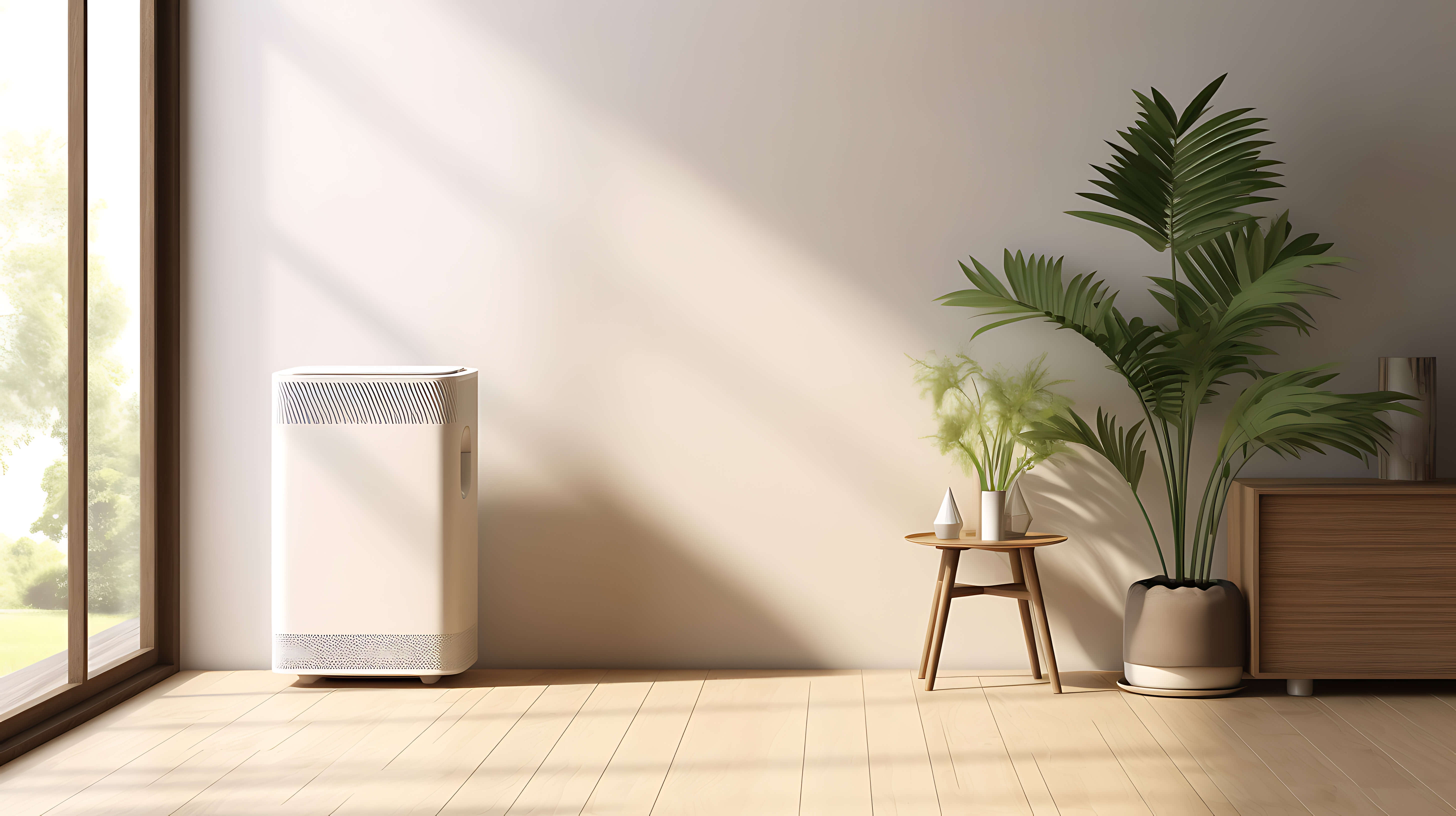 A photograph of a dehumidifier in a modern living room decorated with potted plants and a wooden dresser.