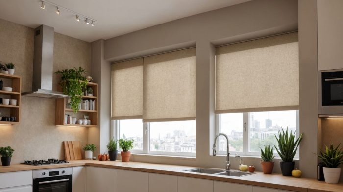 A clean, modern kitchen, with houseplants and three beige roller blinds installed.