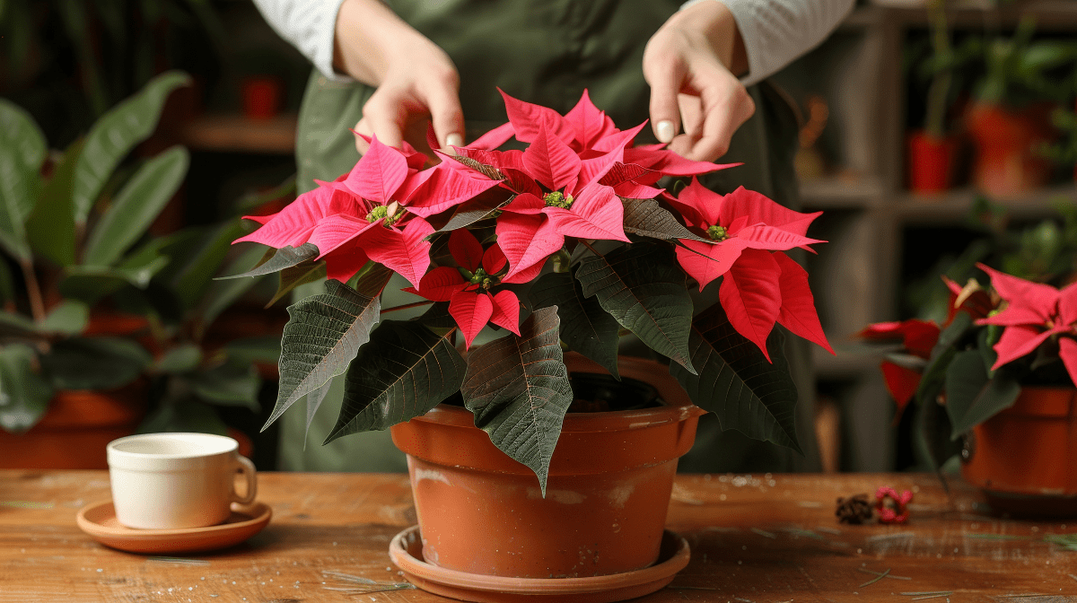 Someone caring for a poinsettia after Christmas.