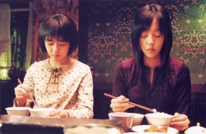 Su-yeon (Moon Geon-young) and Su-mi (Im Soo-jung) enjoying a family dinner in A Tale of Two Sisters (2003)