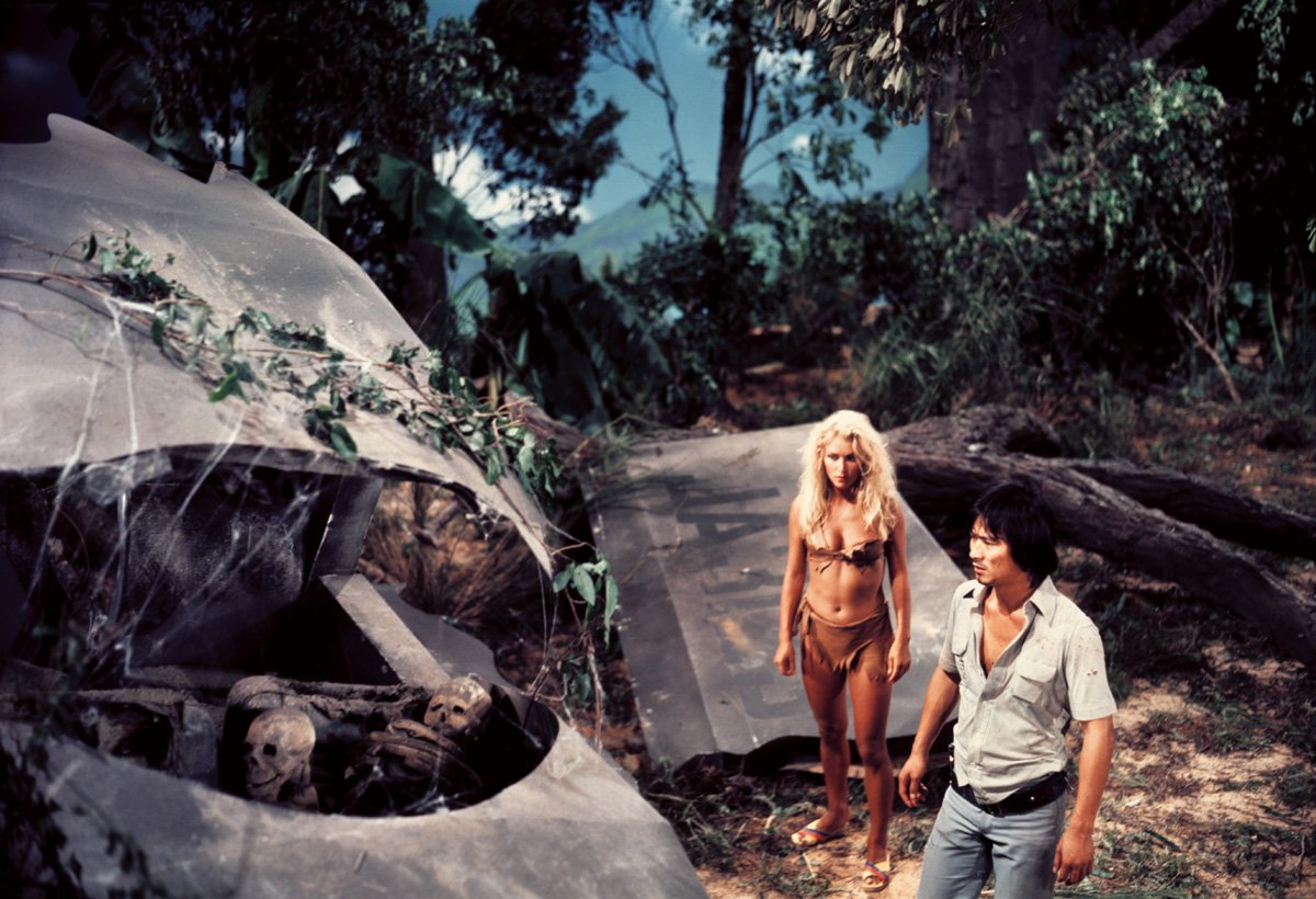 Johnny (Danny Lee) and Samantha (Evelyne Kraft) examine the wreckage of a plane crash in The Mighty Peking Man (1977) 